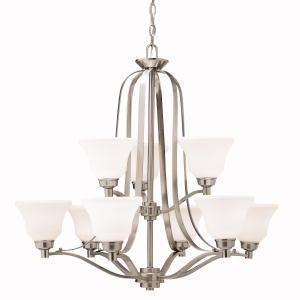 Langford 30.5" 9 Light 2 Tier Chandelier with Satin Etched White Glass in Brushed Nickel