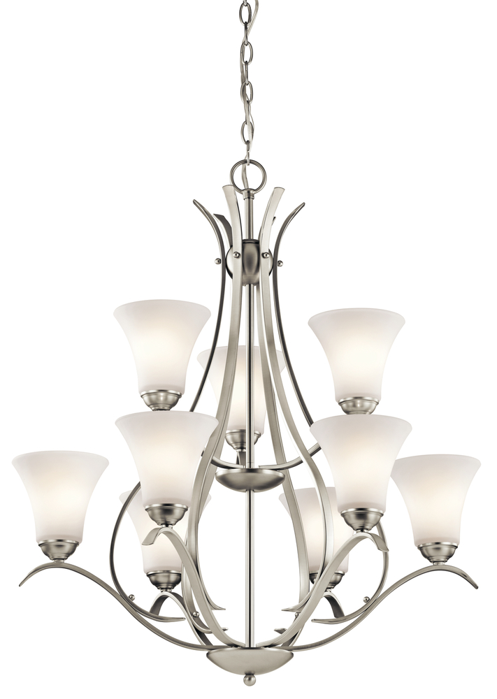 Keiran 33.25" 9 Light Chandelier with Satin Etched White Glass in Brushed Nickel
