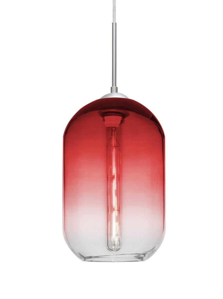 Besa, Omega 12 Cord Pendant, Red/Clear, Satin Nickel Finish, 1x4W LED Filament, 15Ft.