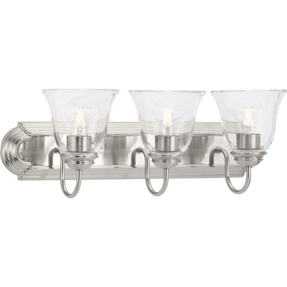 Three-Light Brushed Nickel Transitional Bath and Vanity Light with Clear Glass for Bathroom